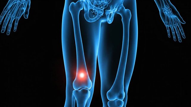 Digital visualization of human knee joints highlighting inflammation and pain indicators for medical diagnosis