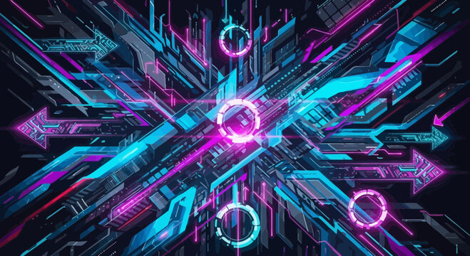 Abstract Cyberpunk Digital Circuitry Background with Neon Arrows