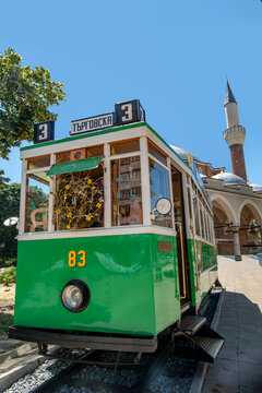 typical green streetcar in sofia, the capital of Bulgaria