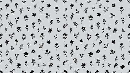 Repeating black floral pattern on light gray fabric background for textile and wallpaper design. © pixmastock