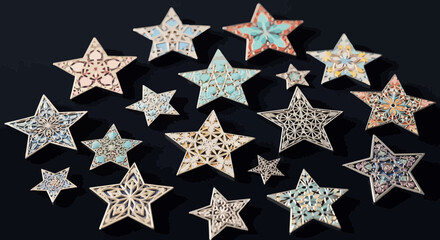 Obraz premium Collection of Decorative Geometric Star Ornaments on Black Background