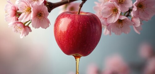 Ripe red apple with dripping honey hangs from tree branch with pink blossoms. Sweet nectar cascades down. Fresh fruit on tree in spring season, natural beauty.