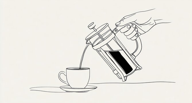 Line art shows a hand pouring coffee from a French press into a mug on a saucer