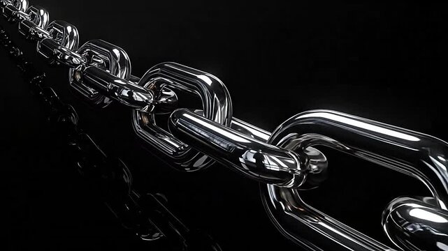 A shiny metal chain links together against a dark background, reflecting light and shadows