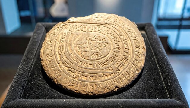 Ancient cuneiform clay tablet displaying Mesopotamian script, a circular artifact unearthed from antiquity