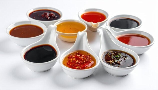 Assortment of Asian Dipping Sauces Featuring Soy Sauce Chili Oil and Black Vinegar in White Ceramic Ramekins