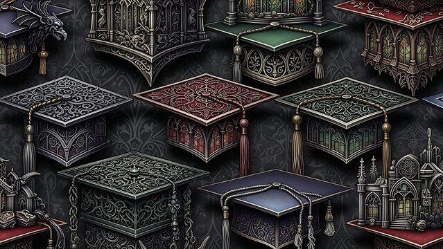 Intricate Ornate Graduation Caps Displayed in a Dark, Mystical Setting.