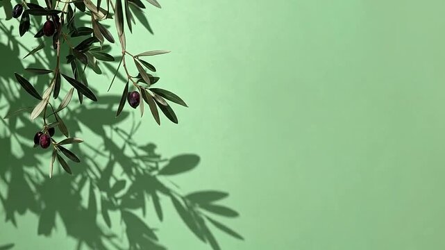 Olive branch with olives and shadows on a light green background with copy space