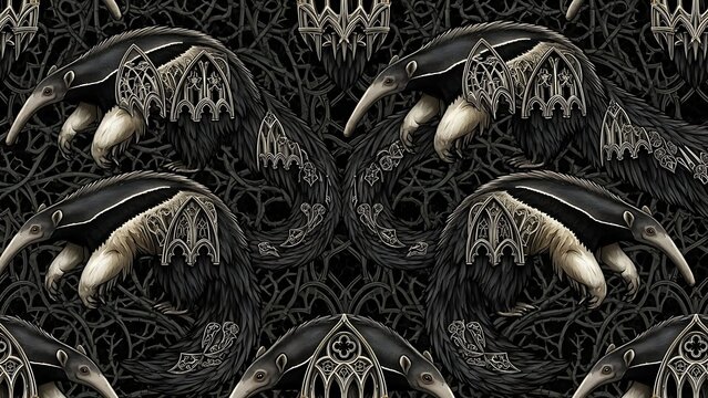 Gothic Anteater Pattern - Dark Fantasy Creature with Ornate Architecture and Intricate Details.