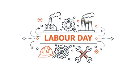 Obraz premium Labour Day illustration featuring industrial icons and factory line art