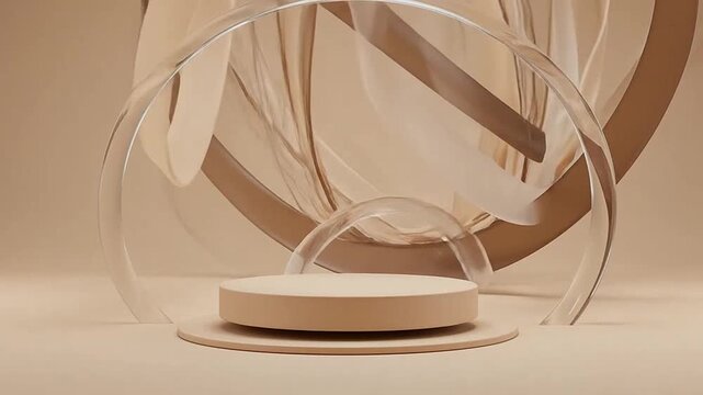 A minimalist beige podium with abstract shapes and a transparent arch in a studio setting