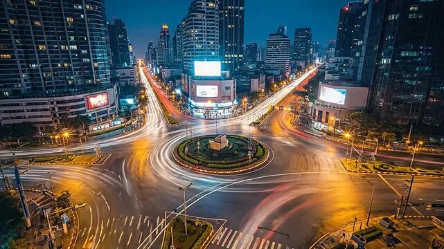 Cityscape view of a busy intersection at night with illuminated buildings and traffic lights