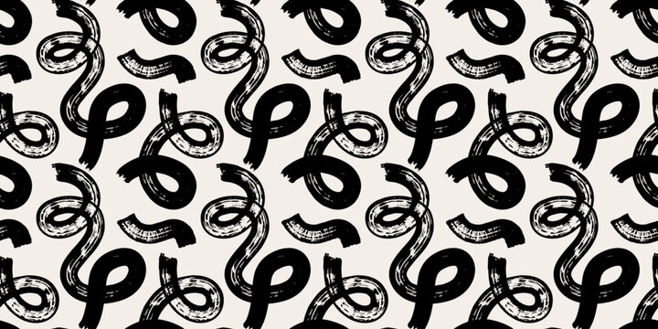 Black marker doodle seamless pattern with looping lines and messy scribbles. Hand drawn squiggle texture in childlike style. Abstract wavy ornament.