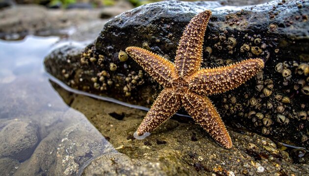 Delicate Orange Starfish Clinging to Barnacle-Covered Coastal Rock in Shallow Water