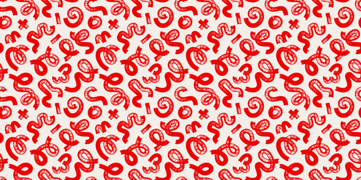 Red marker scribble seamless pattern with curved lines, loops and spirals. Hand drawn doodle squiggles in expressive childlike style. Abstract brush stroke texture.