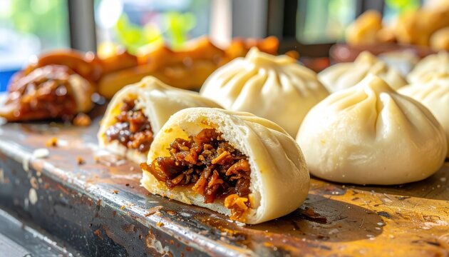 Fluffy steamed char siu pork bao buns, revealing a sweet and savory filling, perfect for a delicious Asian snack.