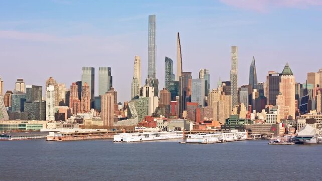 Midtown Manhattan skyline panning including 42nd street canyon and Hudson Yards neighborhood in New York city.