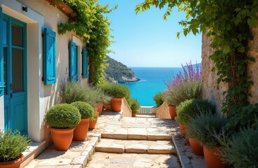 Obraz premium Terrace with potted plants overlooks blue sea and sky. Stone stpic lead down path, green ivy climbs wall. Bright sun shines on tranquil Mediterranean home exterior.