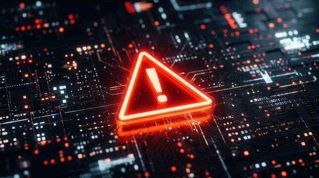 Cybersecurity threat alert: a red warning triangle illuminates a dynamic digital matrix for fraud detection.