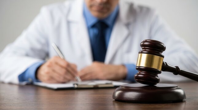 Medical malpractice lawyer court proceeding depicted by a gavel and a doctor writing, representing legal evaluation of medical negligence.