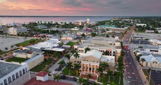 Downtown street in Punta Gorda, Florida lined with historic architecture, cafes and small businesses creating a vibrant tourist destination in southern USA.