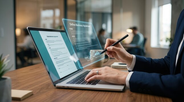 The concept of a paperless office is realized with a person signing a business contract digitally via electronic signature.