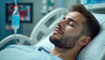 Fototapeta premium Young man rests in hospital bed connected to IV drip and monitoring equipment. Close up focus on patient sleeping peacefully, suggesting recovery and medical care.