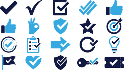 Collection of blue and dark blue check mark icons and symbols in various forms. © RaziaAkter