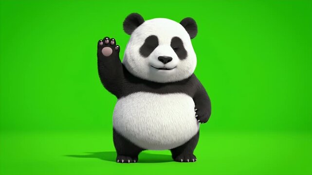 Cute 3D Cartoon Panda Waving Hello on a Vibrant Green Screen Background