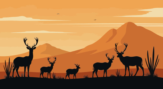 Silhouette of Deer Herd in Desert Landscape at Sunset
