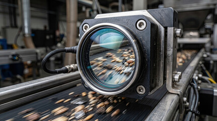 Fototapeta premium Automated Machine Vision Camera Inspecting Grains on High-Speed Conveyor Belt