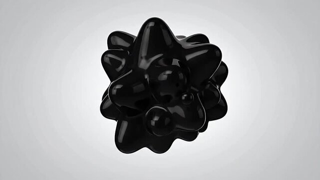 A glossy, abstract, black shape floats against a neutral, light gray background, isolated