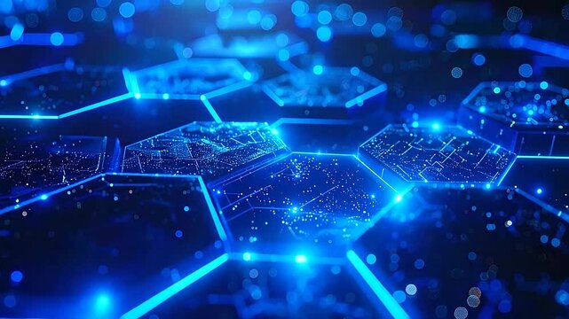 Abstract digital technology background with glowing blue hexagons and circuits design