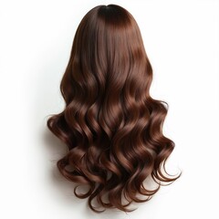 Naklejka premium Long wavy brown synthetic hair wig on white background. Offers volume texture and elegant style for fashion beauty and costume needs. Realistic hairpiece looks natural.