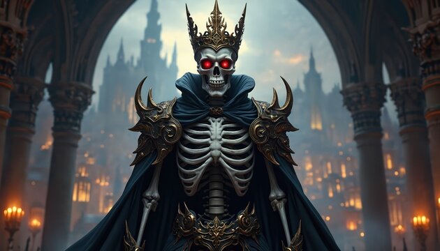 Skeleton king wearing golden crown and ornate armor with dark cape. Evil red eyes glow in his skull face. Majestic city background with gothic architecture and warm lights.
