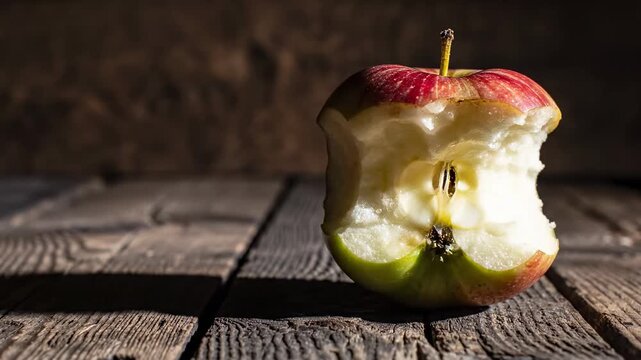 Fresh Bitten Apple Core Resting on a Rustic Wooden Surface with Dramatic Lighting Ideal for Food Waste Awareness and Healthy Lifestyle Content.