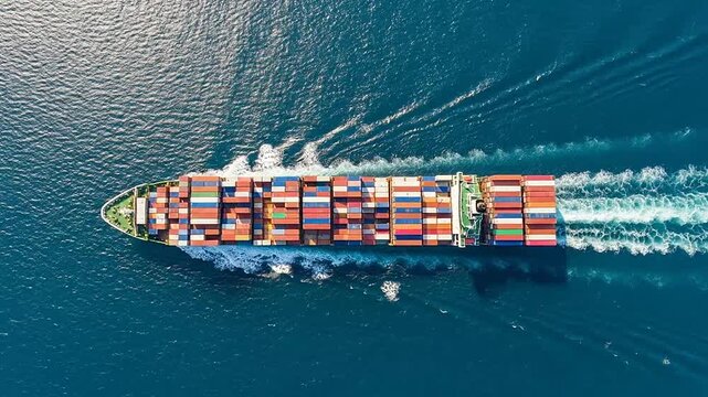 A large cargo vessel sails across the vast ocean, carrying numerous shipping containers safely