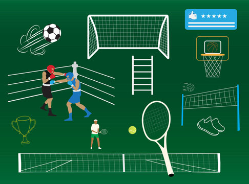 Sports illustration doodles with cartoon athletes and game match elements