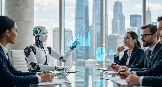 Humanoid AI robot presenting financial data to business team. Artificial intelligence analyzing charts on holographic interface in modern office. Future of work and collaboration concept