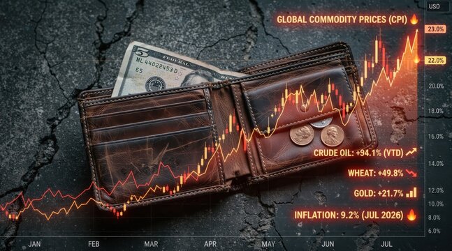 Open leather wallet with money on cracked asphalt. Rising global commodity prices and inflation chart overlay. Economic crisis and cost of living concept