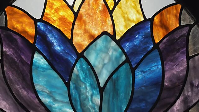 Close-up of a vibrant stained glass flower petal pattern with warm amber tones