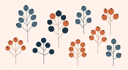 Hand drawn flat botanical illustration of autumn berry branches on a beige background. © mbendo