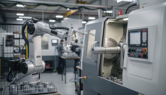Medium shot of a robotic lathe tending cell with a dual gripper robot arm simultaneously loading blanks and unloading finished parts in a busy manufacturing environment.
