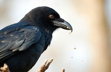 Fototapeta premium Black rook bird perches on branch, food crumbs falling from beak. Ornithology subject, insectivore wildlife, nature scene detail. European farmland bird close up. Wild creature in natural habitat.