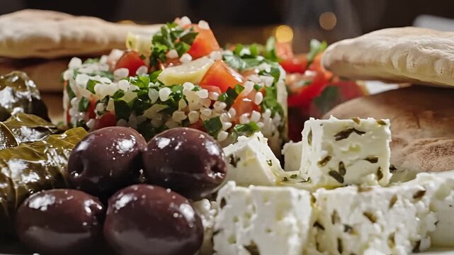 Delicious Mezze Platter with Hummus Dolmades Tabbouleh Olives Feta and Pita Bread.