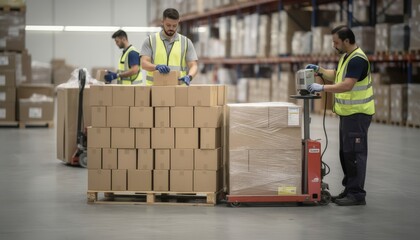 Fototapeta premium Manual palletizing captured in medium shot showcasing workers skillfully arranging finished containers on pallets and applying stretch wrap for secure shipment preparation.