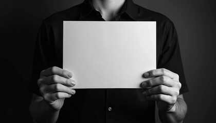 Naklejka premium Person in black shirt holds white paper. Blank sheet ready for your message or design. Use for mockups, presentations, or any creative content. Clean, simple, and versatile photo background for ideas.