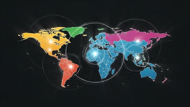 A colorful world map illustration, showing continents in different bright colors on a dark