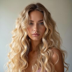 Naklejka premium Blonde woman with long wavy hair. Young female with shiny curly hairstyle. Natural beauty with healthy clean skin, looking at camera. Close-up portrait from front.