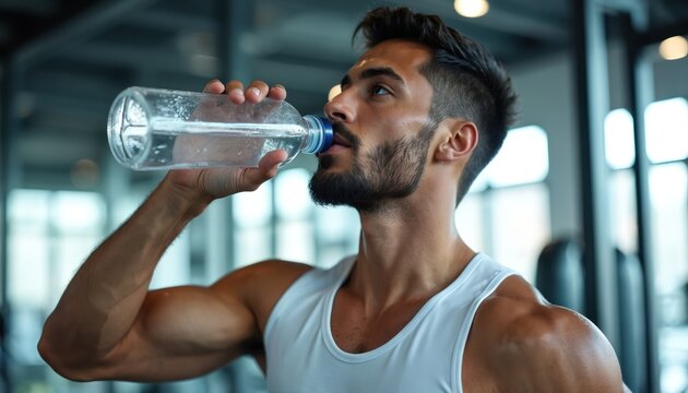 Muscular man drinks water from bottle after workout in gym. Athlete hydrates body, replenishes fluids, relaxes, takes break from fitness. Healthy lifestyle recovery.